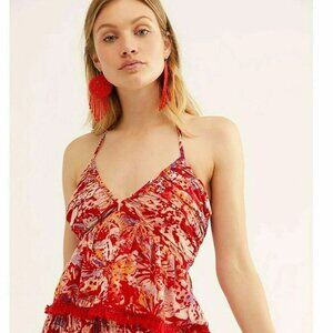 Free People Kahlo Printed Halter Cami Tank Top Smocked Macramé Tassel XS 218855